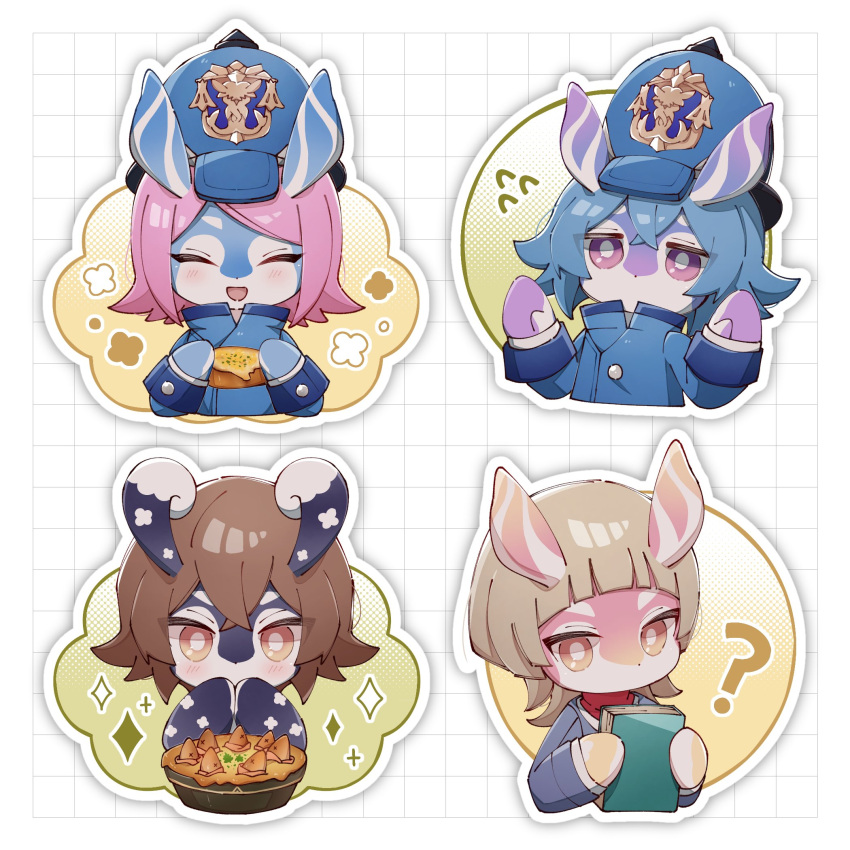 4girls :d ? ^_^ animal_ears baked_potato blue_coat blue_headwear blunt_bangs blush book bright_pupils brown_hair buttons canotila_(genshin_impact) closed_eyes coat commentary_request covering_mouth crossed_bangs flower_(symbol) flying_sweatdrops food genshin_impact grey_hair grid_background halftone halftone_background hands_up hat highres holding holding_book holding_food jifu_(gifu_7) light_brown_hair long_sleeves looking_at_viewer melusine_(genshin_impact) menthe_(genshin_impact) muirne_(genshin_impact) multiple_girls open_mouth orange_eyes parted_bangs peaked_cap pink_hair purple_eyes serene_(genshin_impact) short_hair simple_background sleeve_cuffs smile sparkle stargazy_pie swept_bangs upper_body white_background white_pupils