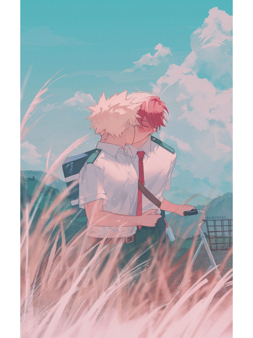 2boys absurdres artist_name bag bakugou_katsuki belt belt_buckle bicycle bicycle_basket blonde_hair blue_bag blue_pants blue_sky boku_no_hero_academia brown_belt buckle burn_scar closed_eyes cloud collared_shirt commentary cryptic_(crypt1c) day dropping eyelashes food hand_up highres kiss male_focus mountain mountainous_horizon multicolored_hair multiple_boys necktie outdoors pants pillarboxed popsicle red_hair red_necktie scar scar_on_face school_bag school_uniform shirt shirt_tucked_in short_hair short_sleeves shoulder_bag sky spiked_hair split-color_hair standing todoroki_shouto twitter_username two-tone_hair u.a._school_uniform wheat_field white_hair white_shirt wing_collar yaoi