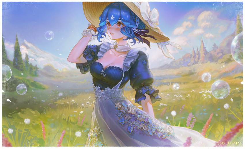 1girl 2023 absurdres artofkuzu bao_(vtuber) blue_hair blush border bow braid breasts bubble cleavage collarbone commentary dated day dress english_commentary grass hair_between_eyes hair_bun hat hat_bow highres indie_virtual_youtuber medium_breasts outdoors red_eyes short_sleeves solo sun_hat tree virtual_youtuber white_border