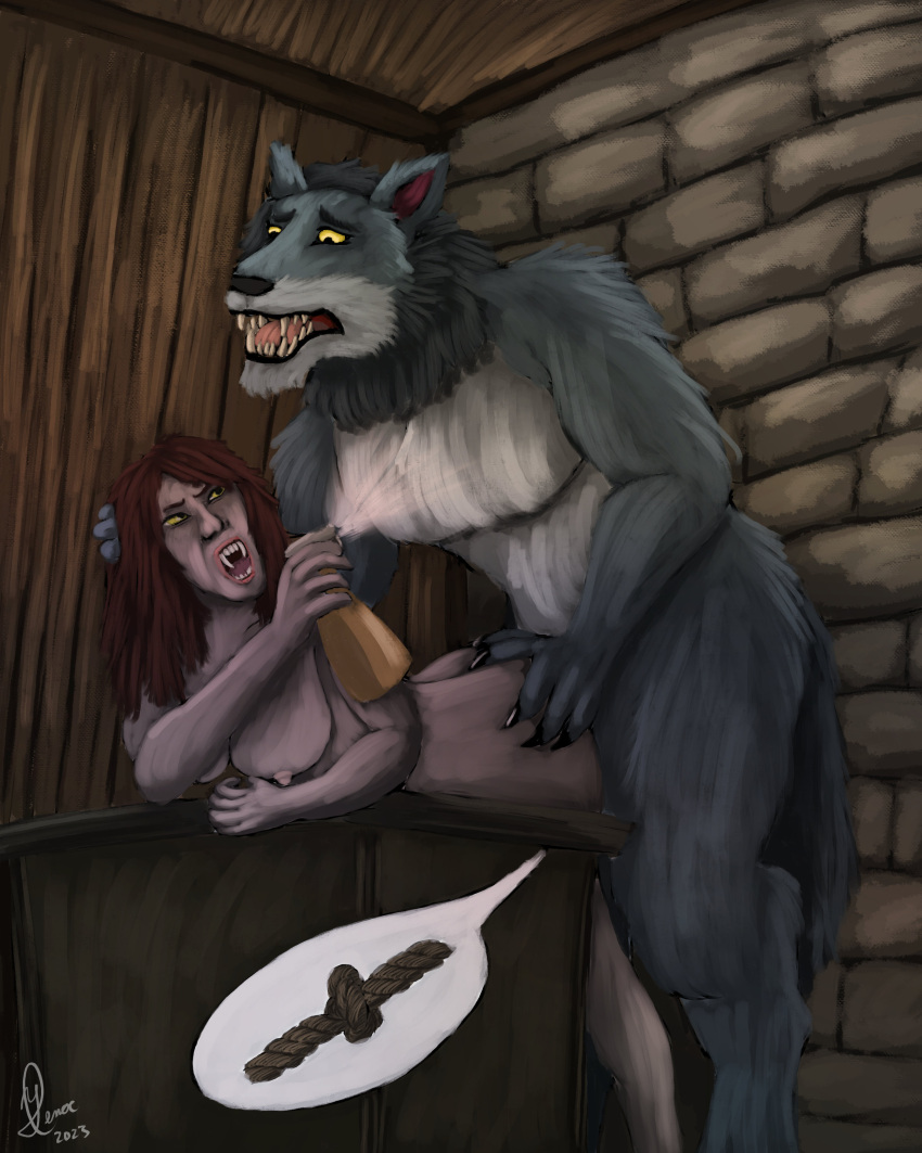 absurd_res anthro canid canine duo fangs fearful_expression female hi_res humanoid humor kinktober knot leaning_over male male/female mammal penetration spray_bottle standing teeth unimpressed vampire were werecanid werecanine werewolf yenocwolf