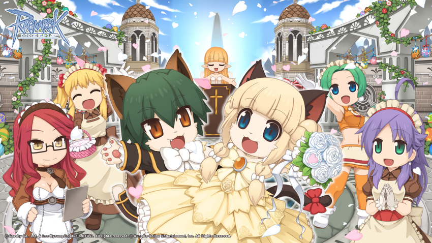 1boy 6+girls :3 ahoge animal_ear_fluff apron black-framed_eyewear black_hair blonde_hair blue_eyes blue_sky blunt_bangs bouquet bow bowtie breasts bride brown_capelet brown_dress brown_eyes brown_hair brown_necktie capelet cat_boy cat_girl cleavage closed_eyes closed_mouth cloud crop_top cross curly_sue day double_bun dress easter_egg egg fang flower frilled_apron frilled_dress frills full_body furry furry_female furry_male glasses gloves groom hair_bobbles hair_bun hair_ornament heart hetero highres in-universe_location kafra_uniform long_hair looking_at_viewer lyrus_(ragnarok_online) maid maid_headdress medium_bangs medium_breasts midriff miniskirt multiple_girls navel necktie obelisk official_art official_wallpaper open_mouth orange_brooch orange_shirt orange_skirt orange_thighhighs outdoors parted_bangs pavianne_(ragnarok_online) pointy_ears puffy_short_sleeves puffy_sleeves purple_hair ragnarok_online rectangular_eyewear red_bow red_hair red_sash rose sampaguita_(ragnarok_online) sash semi-rimless_eyewear shirt short_bangs short_hair short_sleeves skirt sky sleeveless sleeveless_shirt smile striped striped_bow summoner_(ragnarok_online) swept_bangs tail tail_bow tail_ornament thighhighs twintails under-rim_eyewear wedding wedding_dress white_apron white_bow white_bowtie white_flower white_gloves white_rose yellow_bow yellow_dress yuichirou