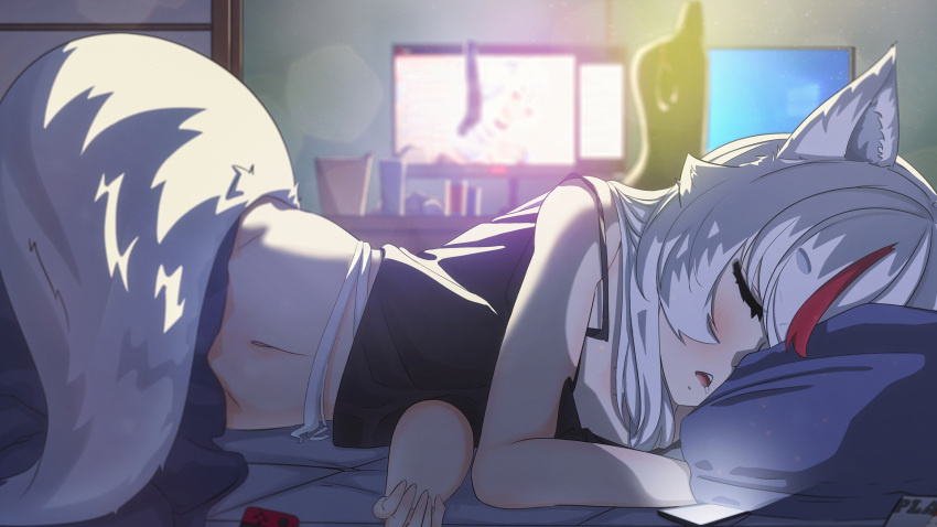 1girl animal_ears artist_request bed bedroom black_camisole blurry camisole cellphone closed_eyes depth_of_field fox_ears fox_girl fox_tail groin handheld_game_console highres indie_virtual_youtuber kamiko_kana long_hair lying microsoft_windows monitor multicolored_hair navel nintendo_switch on_bed on_side open_mouth phone red_hair screen_light second-party_source sleeping smartphone strap_slip streaked_hair tail under_covers virtual_youtuber white_hair