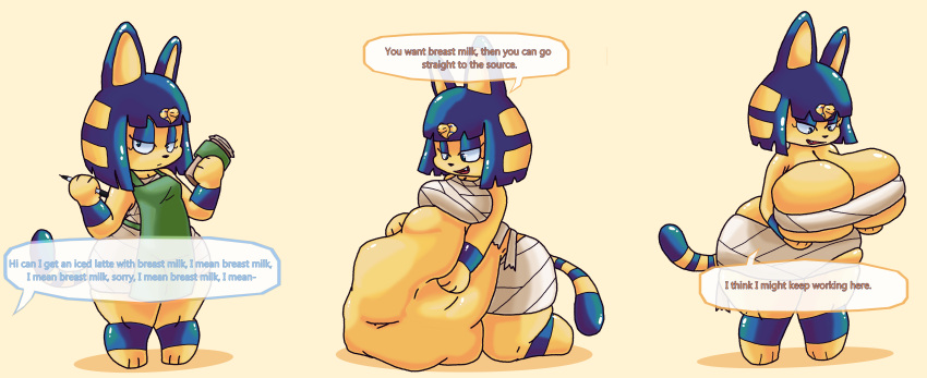 absurd_res after_vore animal_crossing ankha_(animal_crossing) anthro anthro_pred apron bandage big_breasts blue_eyeshadow blue_hair breast_expansion breasts clothing container cup dialogue digestion domestic_cat english_text expansion eyeshadow felid feline felis female female_pred hair hand_on_own_belly hand_on_own_breast hand_on_stomach hi_res holding_belly holding_breast holding_container holding_cup holding_object holding_pen huge_belly huge_breasts i_mean_breast_milk kneeling looking_at_breasts looking_at_viewer makeup mammal markings meme nintendo offscreen_character pear-shaped_figure pen sequence solo speech_bubble striped_markings striped_tail stripes tail tail_markings talking_to_prey tascom taunting text thick_calves thick_thighs uraeus vore wide_hips yellow_body