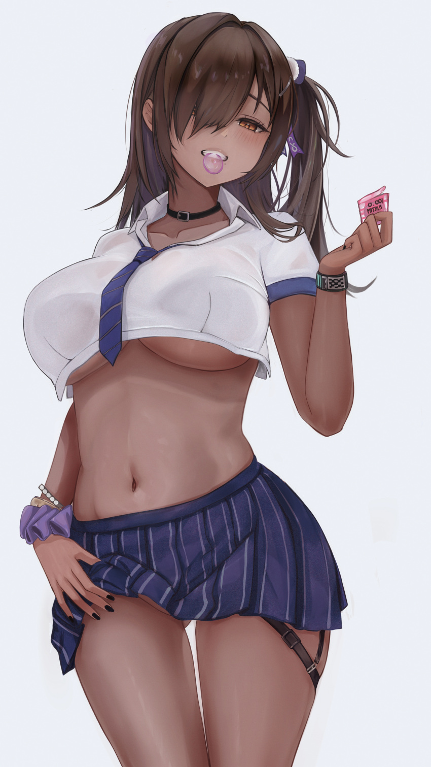 1girl 462vvv absurdres ass_visible_through_thighs biting black_hair blue_skirt breasts choker clothes_lift collarbone condom condom_in_mouth condom_wrapper cowboy_shot crop_top dark-skinned_female dark_skin goddess_of_victory:_nikke grin gyaru hair_ornament hair_over_one_eye highres holding large_breasts lifted_by_self long_hair looking_at_viewer mouth_hold naga_(nikke) nail_polish navel necktie no_bra no_panties school_uniform shirt side_ponytail simple_background skirt skirt_lift smile solo stomach teeth thigh_strap thighs underboob white_background white_shirt wristband yellow_eyes