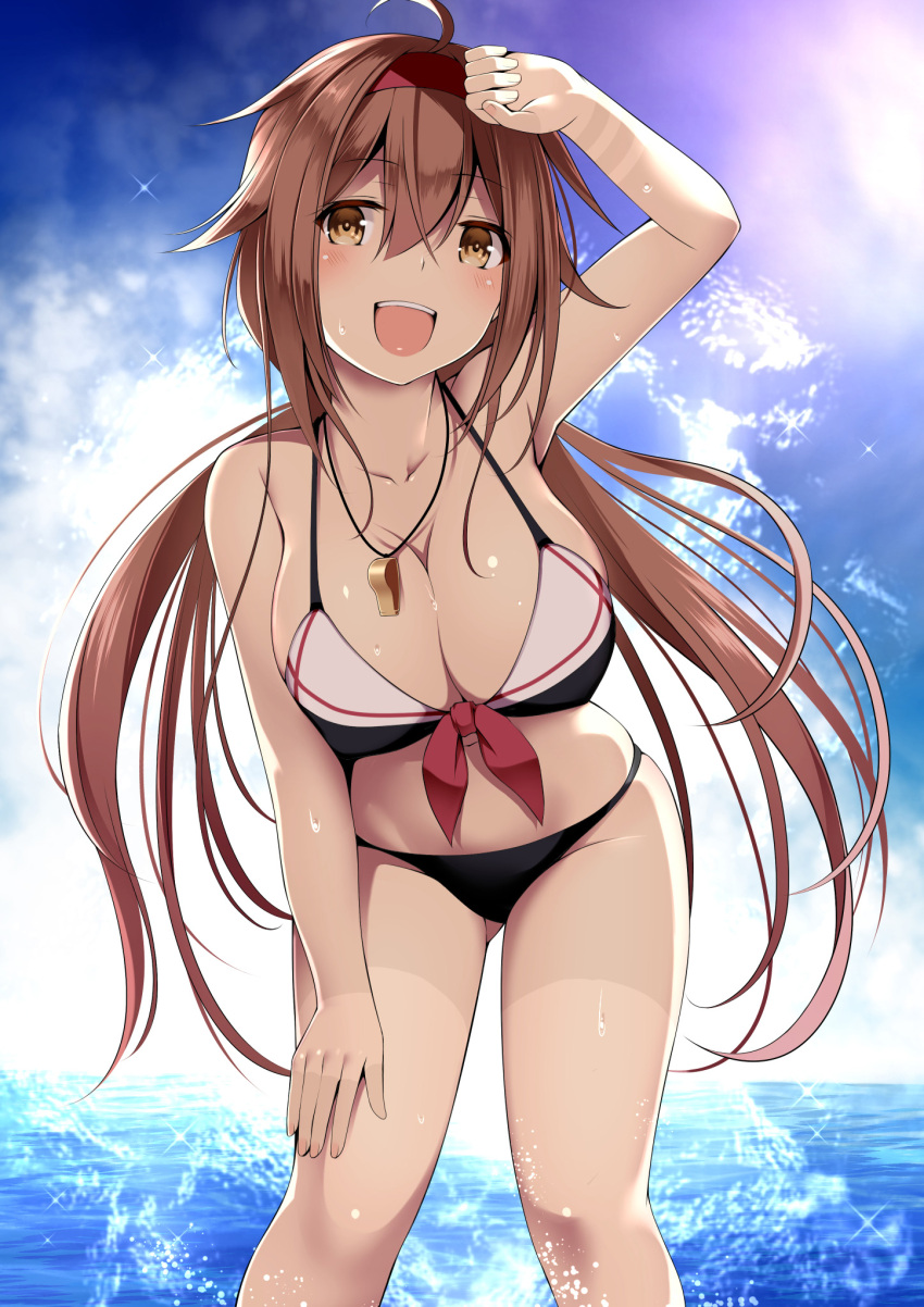 1girl beach bikini breasts brown_eyes brown_hair cleavage day hair_between_eyes hair_flaps hairband highres kantai_collection kuromayu large_breasts long_hair looking_at_viewer low_twintails ocean open_mouth outdoors patterned_clothing red_hairband shiratsuyu_(kancolle) shiratsuyu_kai_ni_(kancolle) sky solo sun sunlight swimsuit tan tanlines twintails water wet whistle whistle_around_neck