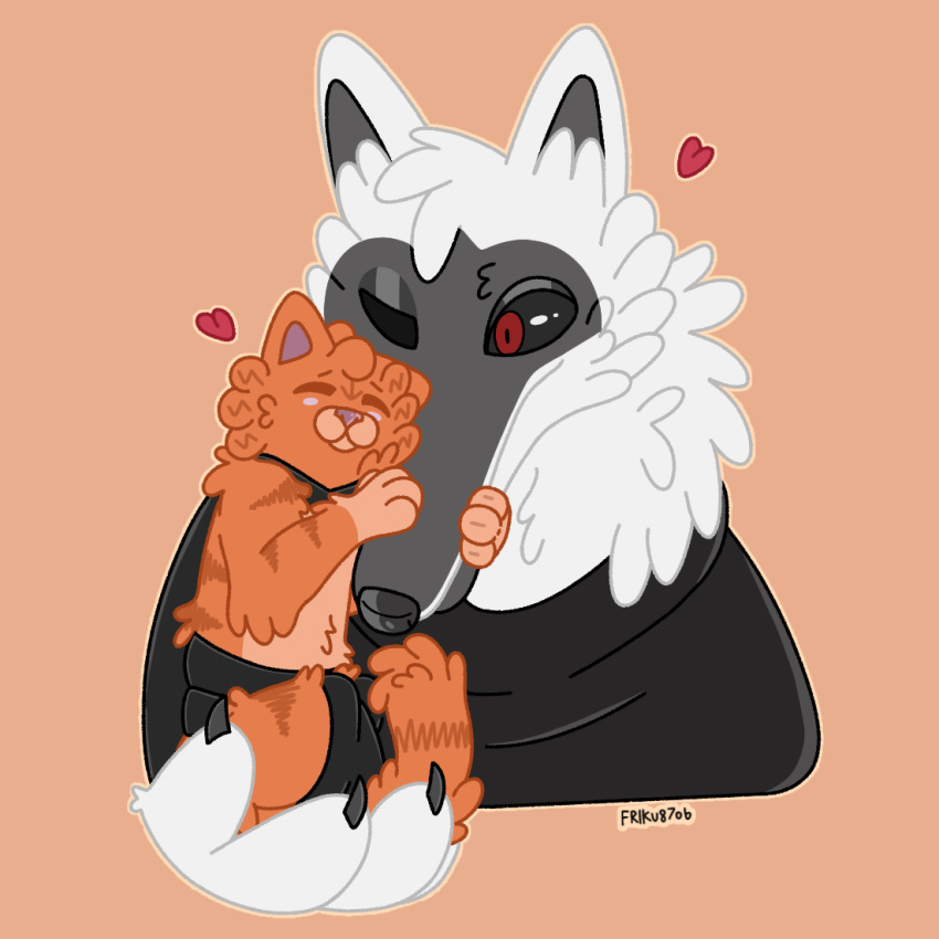 &lt;3 1:1 alleycat8706_(artist) anthro blush canid canine canis cheek_tuft claws death_(puss_in_boots) domestic_cat dreamworks duo embrace eyes_closed facial_tuft felid feline felis fluffy fluffy_tail fur fuzzy hug male male/male mammal markings neck_tuft nuzzling one_eye_closed orange_body orange_fur puss_in_boots_(dreamworks) puss_in_boots_(film) puss_in_boots_the_last_wish red_eyes size_difference smile striped_body striped_markings stripes tabby_cat tail tuft white_body white_fur wolf