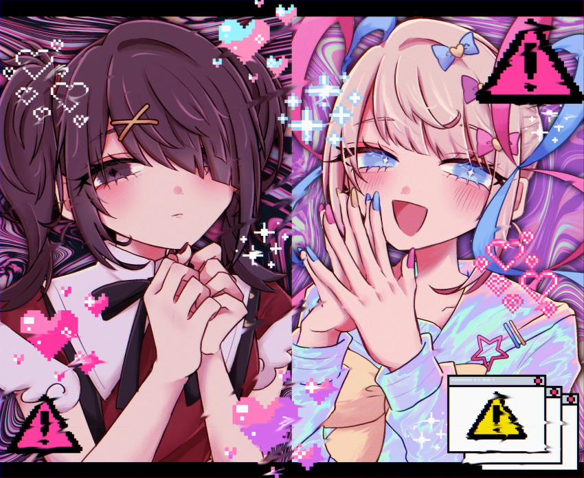 2girls :d ame-chan_(needy_girl_overdose) black_eyes black_hair black_ribbon blonde_hair blue_bow blue_eyes blue_hair blue_nails blue_shirt blush bow chouzetsusaikawa_tenshi-chan collar collared_shirt commentary_request dual_persona hair_bow hair_ornament hair_over_one_eye hands_up heart heart_hair_ornament highres ink_(0killq) long_hair long_sleeves looking_at_viewer multicolored_hair multicolored_nails multiple_girls nail_polish neck_ribbon needy_girl_overdose open_mouth own_hands_together pink_bow pink_hair pink_nails pixel_heart purple_bow quad_tails red_shirt ribbon sailor_collar shirt sign smile sparkle steepled_fingers suspenders twintails upper_body warning_sign white_collar window_(computing) x_hair_ornament yellow_bow yellow_nails