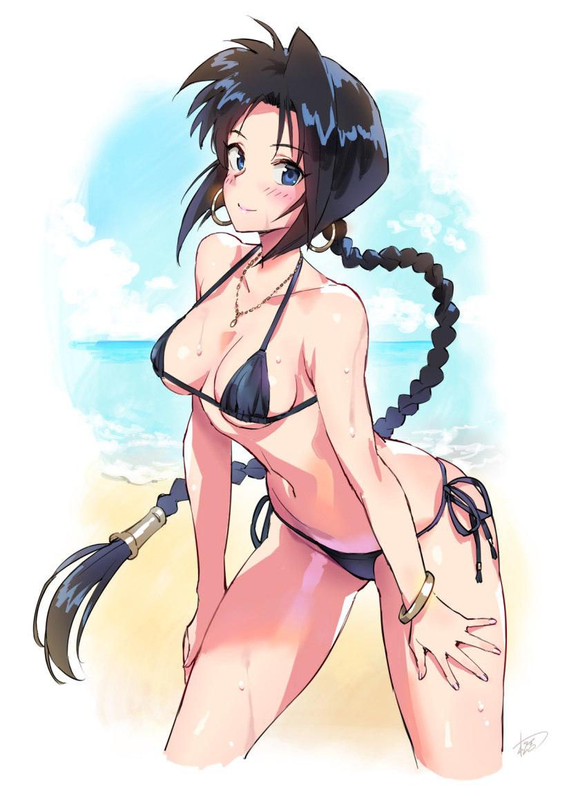 1girl bikini black_bikini black_hair blue_eyes blush bracelet braid breasts cropped_legs earrings highres hoop_earrings jewelry leaning_forward long_hair looking_at_viewer makimachi_misao matsuda_(matsukichi) medium_breasts necklace rurouni_kenshin side-tie_bikini_bottom single_braid smile solo swimsuit very_long_hair wet