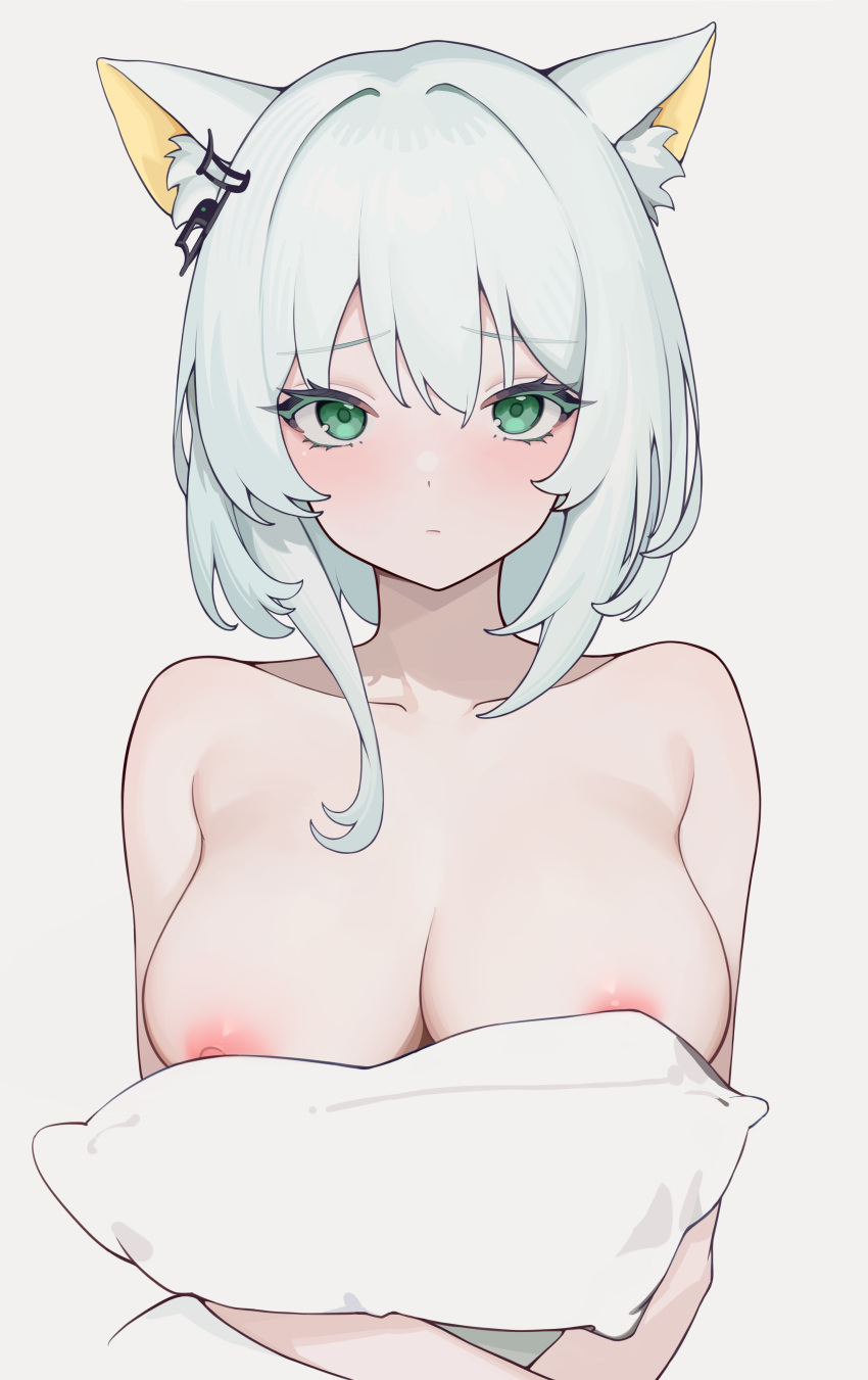 1girl absurdres animal_ear_fluff animal_ears arknights asymmetrical_hair blue_hair breasts cat_ears closed_mouth collarbone green_eyes hair_between_eyes hair_ornament hairclip highres juejue kal'tsit_(arknights) large_breasts light_blue_hair light_blush light_frown looking_at_viewer medium_hair nipples nude object_hug pillow pillow_hug simple_background straight-on upper_body white_background white_hair