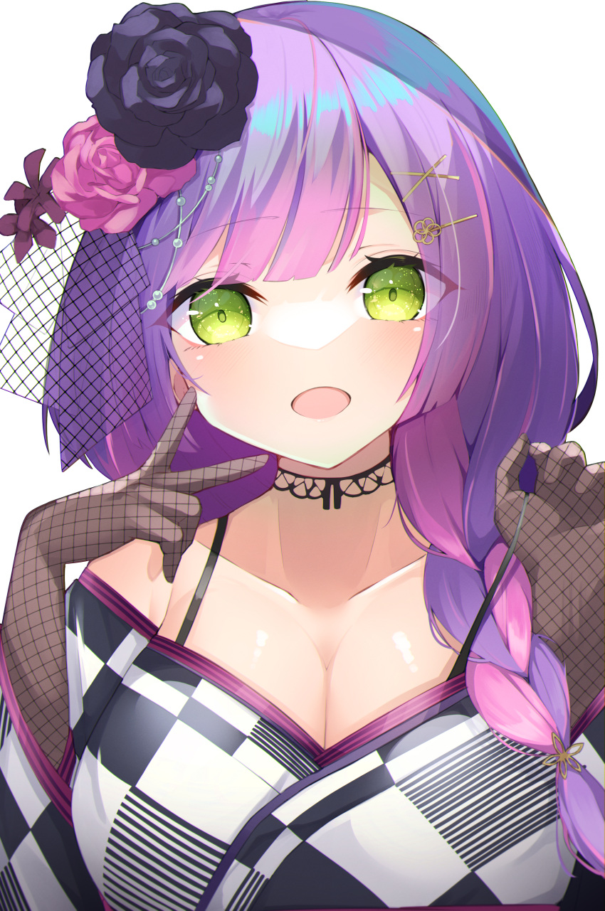 1girl absurdres black_bra black_flower black_rose bra bra_strap braid breasts brown_gloves checkered_clothes checkered_kimono choker cleavage fishnet_gloves fishnets flower french_braid gloves gradient_hair green_eyes hair_flower hair_ornament hairclip highres hololive jam_(jamjam777) japanese_clothes kimono lace lace_choker lace_gloves large_breasts long_hair looking_at_viewer multicolored_hair off_shoulder official_alternate_costume open_mouth pink_flower pink_hair pink_rose purple_hair rose solo strap_lift tokoyami_towa tokoyami_towa_(2nd_costume) two-tone_kimono underwear upper_body v virtual_youtuber x_hair_ornament