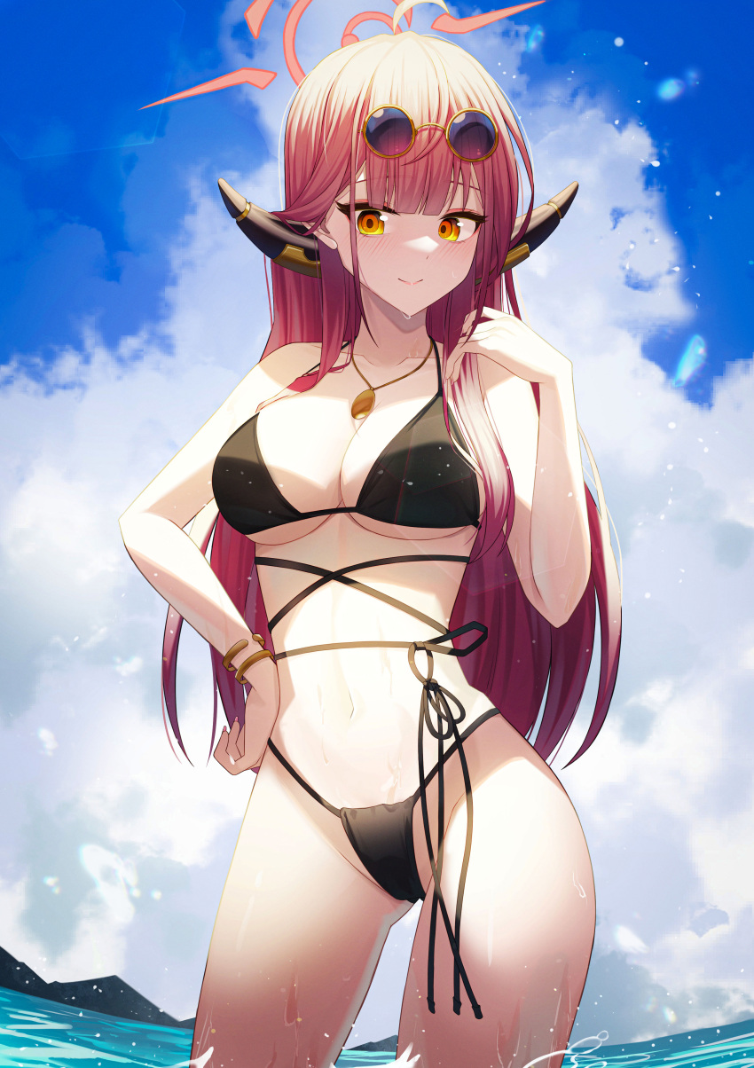 1girl absurdres ahoge aru_(blue_archive) bare_shoulders beach bikini black_bikini blue_archive blue_sky blunt_bangs blush breasts closed_mouth cloud collarbone commentary_request cowboy_shot day demon_horns eyewear_on_head halo halterneck hand_on_own_hip hidel highres horns in_water jewelry large_breasts long_hair looking_at_viewer multi-strapped_bikini navel necklace outdoors pink_hair sky smile solo standing stomach sunglasses swimsuit thighs very_long_hair wading water wet yellow_eyes