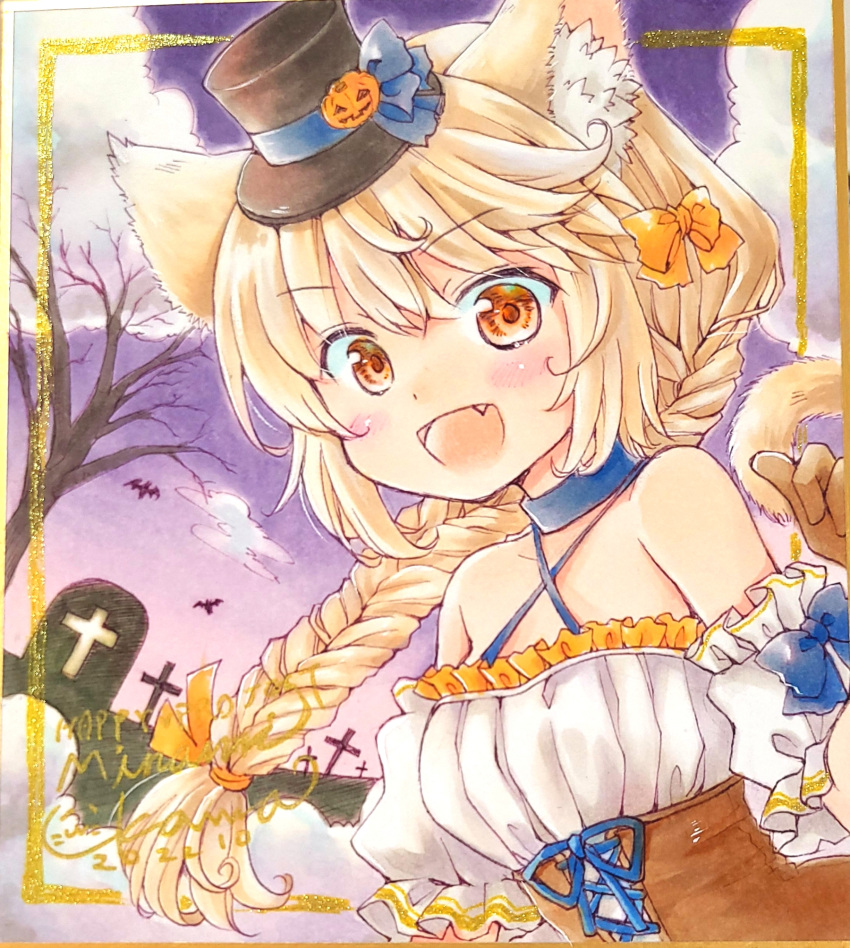 1girl :d animal_ears artist_name bat_(animal) black_headwear blonde_hair braid braided_ponytail cat_ears circle_name cloud cloudy_sky criss-cross_halter dated fang frilled_shirt frills graveyard halloween halterneck hat highres jack-o'-lantern_hat_ornament leaning_forward long_hair looking_at_viewer marker_(medium) minami_kawa mini_hat mini_top_hat night night_sky off-shoulder_shirt off_shoulder open_mouth orange_eyes original outdoors shirt signature single_braid sky smile solo top_hat traditional_media underbust upper_body white_shirt