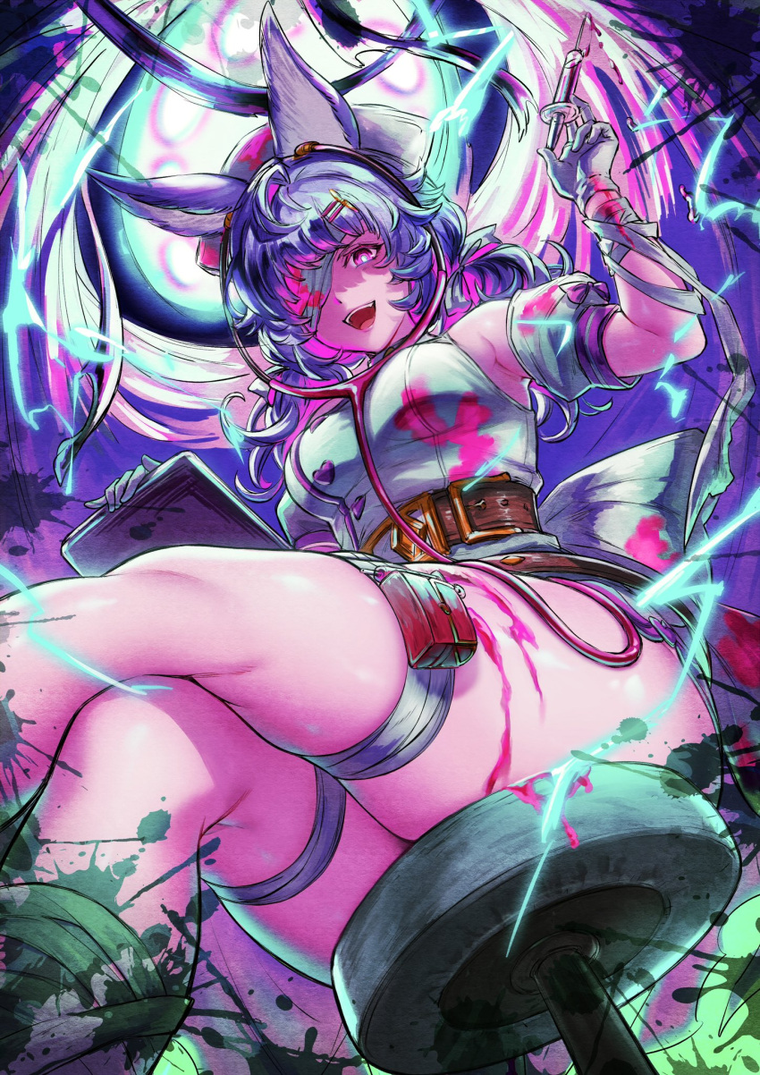 animal_ears bandage_over_one_eye blue_hair breasts crossed_legs gloves granblue_fantasy highres holding holding_syringe looking_at_viewer lu1ani medium_breasts medium_hair official_alternate_costume sitting smile syringe thick_thighs thighs tikoh white_gloves