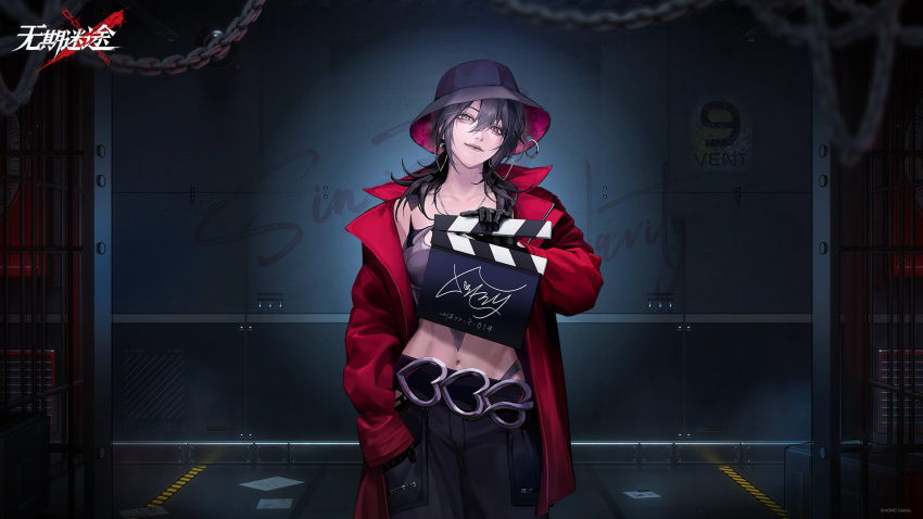 1girl black_gloves black_hair black_headwear black_pants chain closed_mouth crop_top deren_(path_to_nowhere) earrings floor gloves grey_eyes hair_between_eyes hand_in_pocket hat highres indoors jacket jewelry looking_at_viewer navel necklace official_art open_clothes open_jacket pants paper path_to_nowhere red_jacket smile solo wall