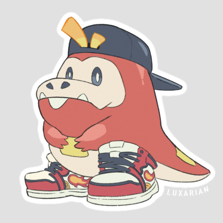 backwards_hat baseball_cap black_headwear bright_pupils fangs fangs_out flame_print fuecoco grey_background hands_on_own_chest hat highres looking_at_viewer luxarian nostrils outline pokemon pokemon_(game) pokemon_sv red_footwear shoe_strap shoes signature sneakers tagme tail white_outline white_pupils