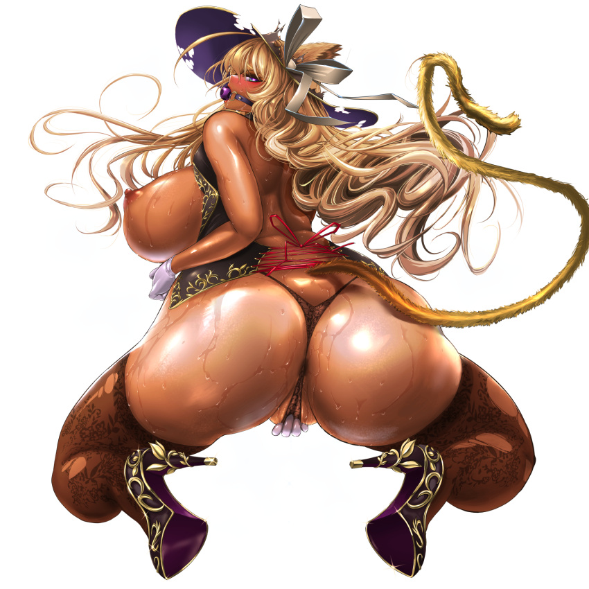 1:1 animal_humanoid anus areola asian_clothing ball_gag big_breasts big_butt black_clothing black_dress blonde_hair bodily_fluids breasts brown_body brown_skin butt cat_humanoid chinese_clothing chinese_dress clothed clothing dark_body dark_skin digital_media_(artwork) dress east_asian_clothing eden's_ritter_grenze felid felid_humanoid feline feline_humanoid female footwear gag gagging hair hat headgear headwear hi_res high_heels huge_breasts humanoid lingerie mammal mammal_humanoid meow_mao_(eden's_ritter_grenze) monster_girl_(genre) naglfar necktie nipples panties red_necktie rubbing_pussy solo sun_hat sweat tan_body tan_skin torn_clothing underwear