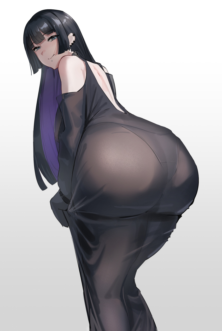 1girl ass black_dress black_hair bocchi_the_rock! closed_mouth colored_inner_hair dress ear_piercing highres huge_ass i_kitsugi leaning_forward long_hair long_sleeves looking_at_viewer looking_back multicolored_hair pa-san panties_visible_through_clothes piercing purple_hair simple_background smile solo standing white_background