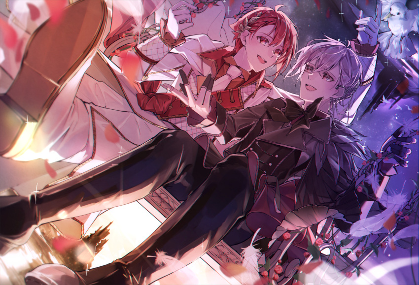 2boys absurdres bird black_footwear black_jacket black_pants brothers coat collared_shirt dove highres idolish7 jacket kujou_tenn multiple_boys nanase_riku necktie pants pink_eyes pink_hair red_eyes red_hair red_shirt runaruna1444 shirt short_hair siblings twins white_coat white_footwear white_necktie