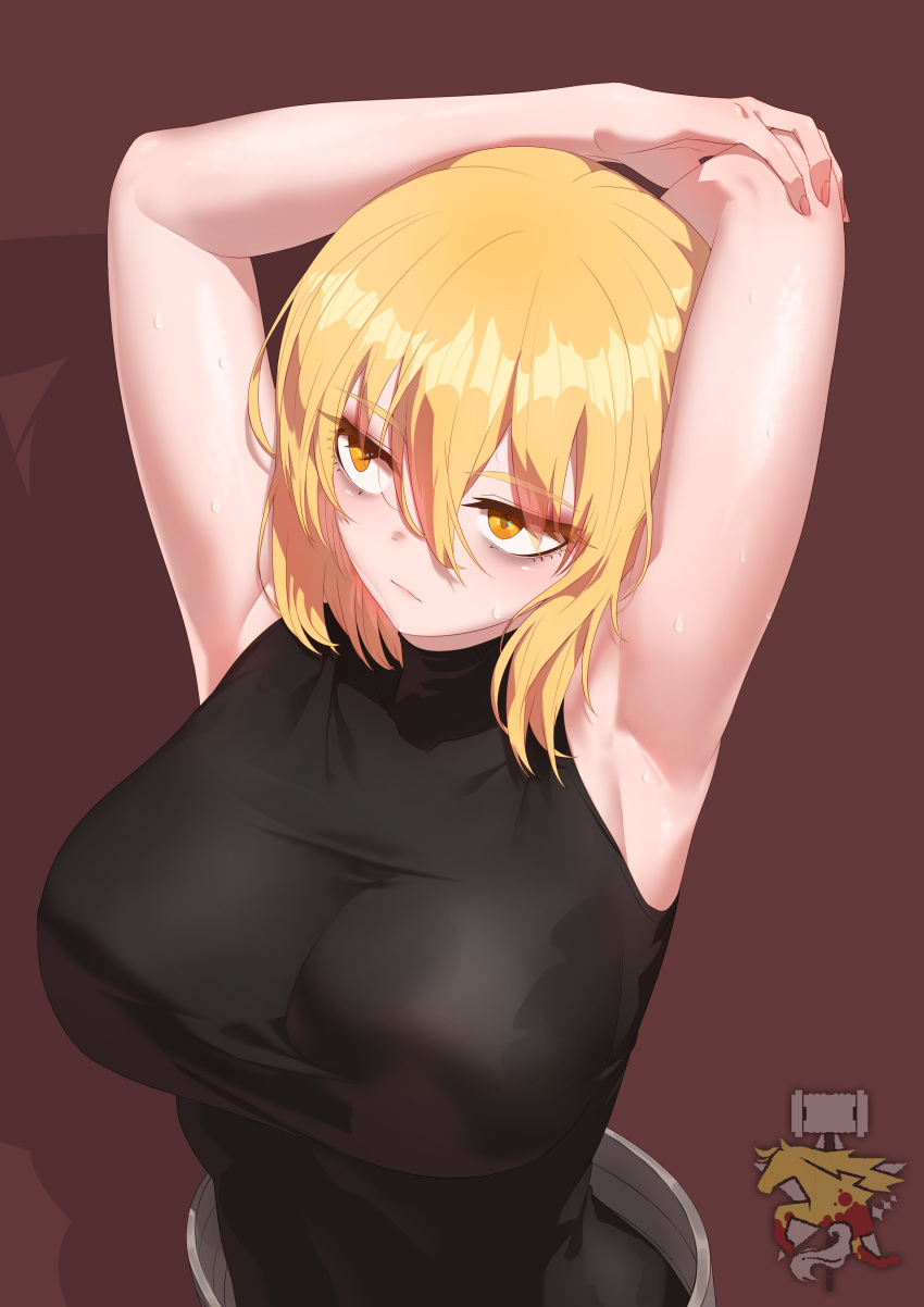 1girl absurdres armpits arms_up bags_under_eyes black_shirt blonde_hair breasts don_quixote_(limbus_company) emblem highres large_breasts limbus_company project_moon shadow shirt sideways_glance simple_background sleeveless sleeveless_shirt solo stretching sushispin sweat yellow_eyes