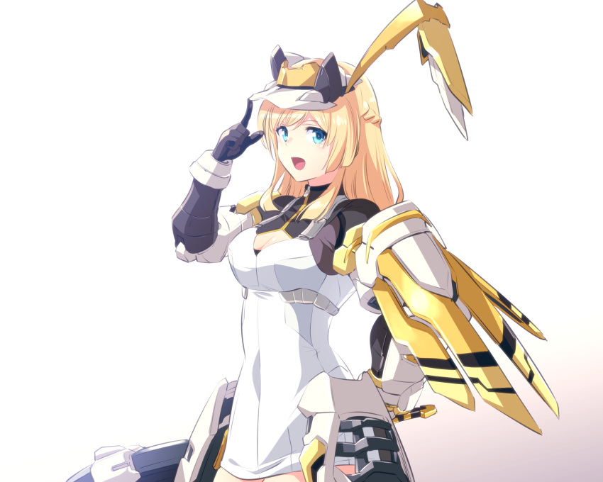 1girl alice_gear_aegis arm_behind_back blonde_hair blue_eyes braid breasts cleavage cleavage_cutout clenched_hand clothing_cutout commentary crown_braid dress from_side gloves highres holding ishiyumi long_hair mecha_musume medium_breasts merabuchi_kanami open_mouth pointing solo visor_cap white_dress