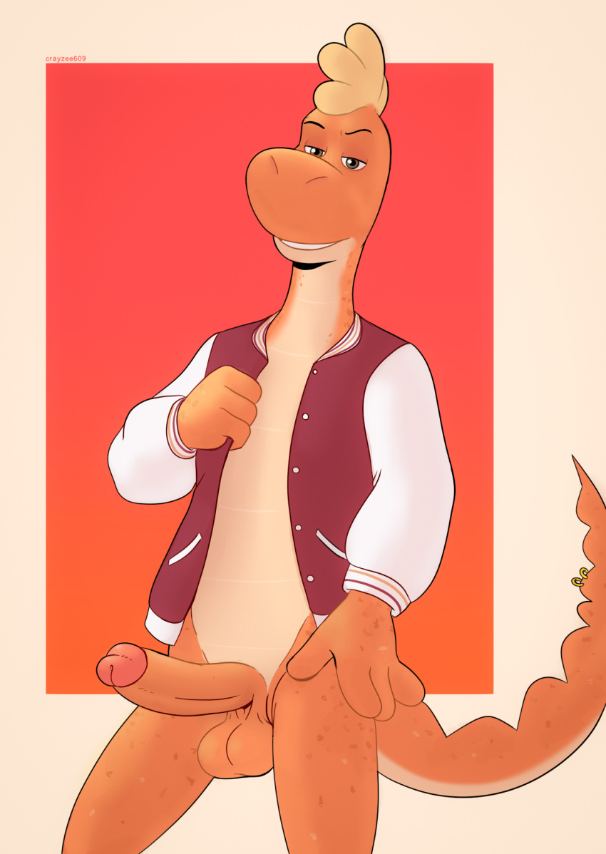 2021 4_fingers anthro artist_name balls border bottomless bottomless_anthro bottomless_male clothed clothing crayzee609 fingers genitals gradient_background hi_res jacket letterman_jacket lidded_eyes lizard male penis reptile scalie simple_background solo teeth tito_lizzardo_(character) tito_lizzardo_and_catty_b topwear white_border