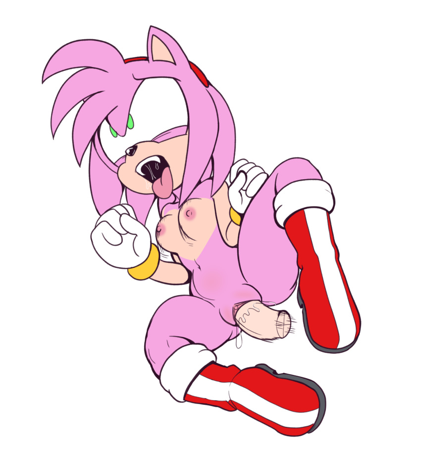 amy_rose anthro boots bouncing_breasts breasts clothing cuff_(restraint) disembodied_penis eulipotyphlan female footwear fours_(artist) fur genitals green_eyes hedgehog hi_res looking_pleasured lying male mammal mostly_nude on_side penis pink_body pink_fur restraints sega solo sonic_the_hedgehog_(series) vaginal wrist_cuffs