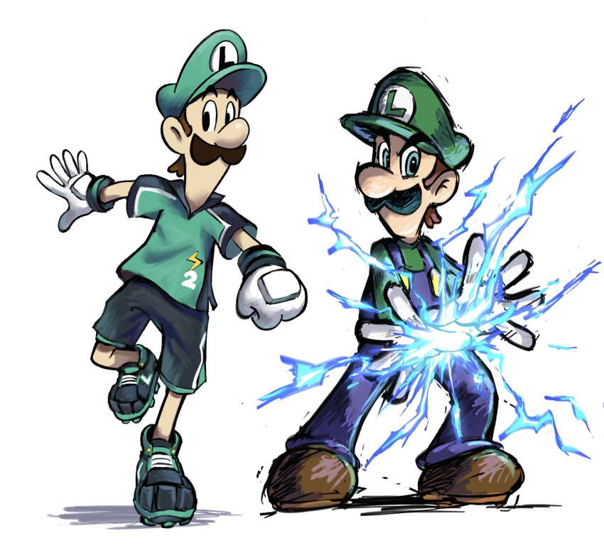 2boys blue_overalls boots brown_footwear brown_hair dual_persona facial_hair gloves green_headwear green_shirt highres lightning luigi mario_&amp;_luigi_rpg mario_(series) masanori_sato_(style) multiple_boys mustache overalls shirt shorts simple_background white_background white_gloves ya_mari_6363