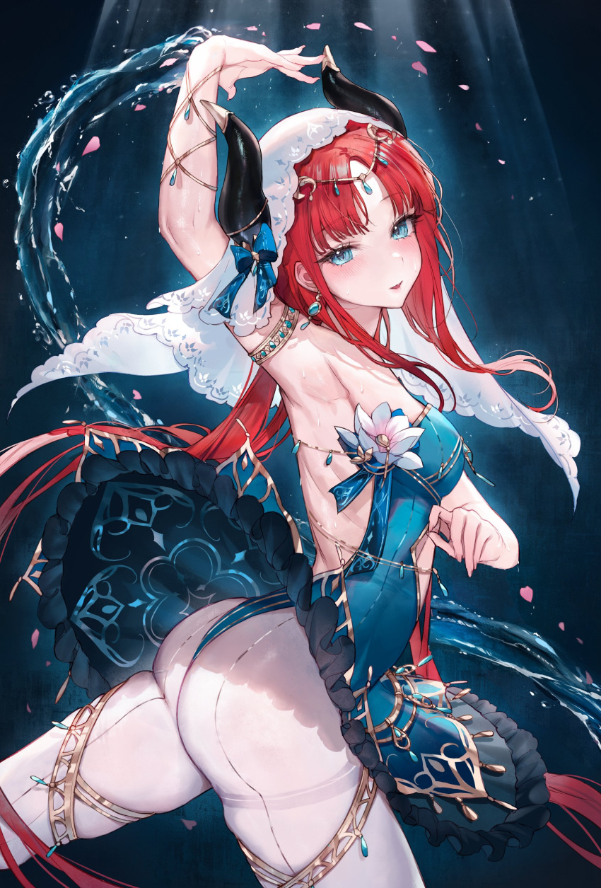 1girl absurdres armpits ass blue_eyes blue_veil blush circlet dancer fake_horns genshin_impact gladiator_sandals gold_trim harem_outfit highres horns jewelry neck_ring nilou_(genshin_impact) qiandaiyiyu red_hair sandals thighlet veil white_headdress white_veil