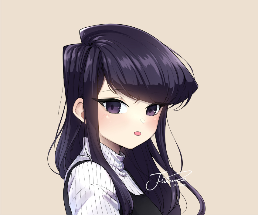 1girl absurdres black_dress black_eyes black_hair dress highres j_humbo komi-san_wa_komyushou_desu komi_shouko long_hair looking_at_viewer signature simple_background solo sweater tongue tongue_out turtleneck turtleneck_sweater white_sweater