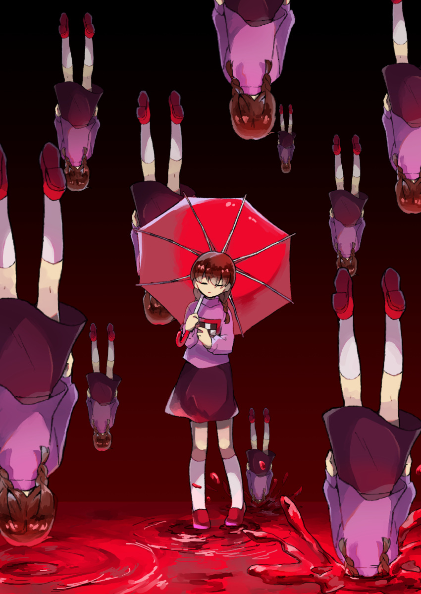 6+girls abstract absurdres arms_at_sides black_background blood blood_drop braid brown_hair clone closed_eyes closed_mouth expressionless facing_viewer falling from_behind gradient_background hair_over_shoulder hands_up highres holding holding_umbrella kneehighs long_bangs long_hair long_sleeves madotsuki multiple_girls no_nose pink_sweater red_background red_footwear red_skirt red_umbrella shoes skirt socks splashing standing standing_on_liquid surreal sweater turtleneck turtleneck_sweater twin_braids twintails umbrella upside-down white_socks yume_nikki yumekogome