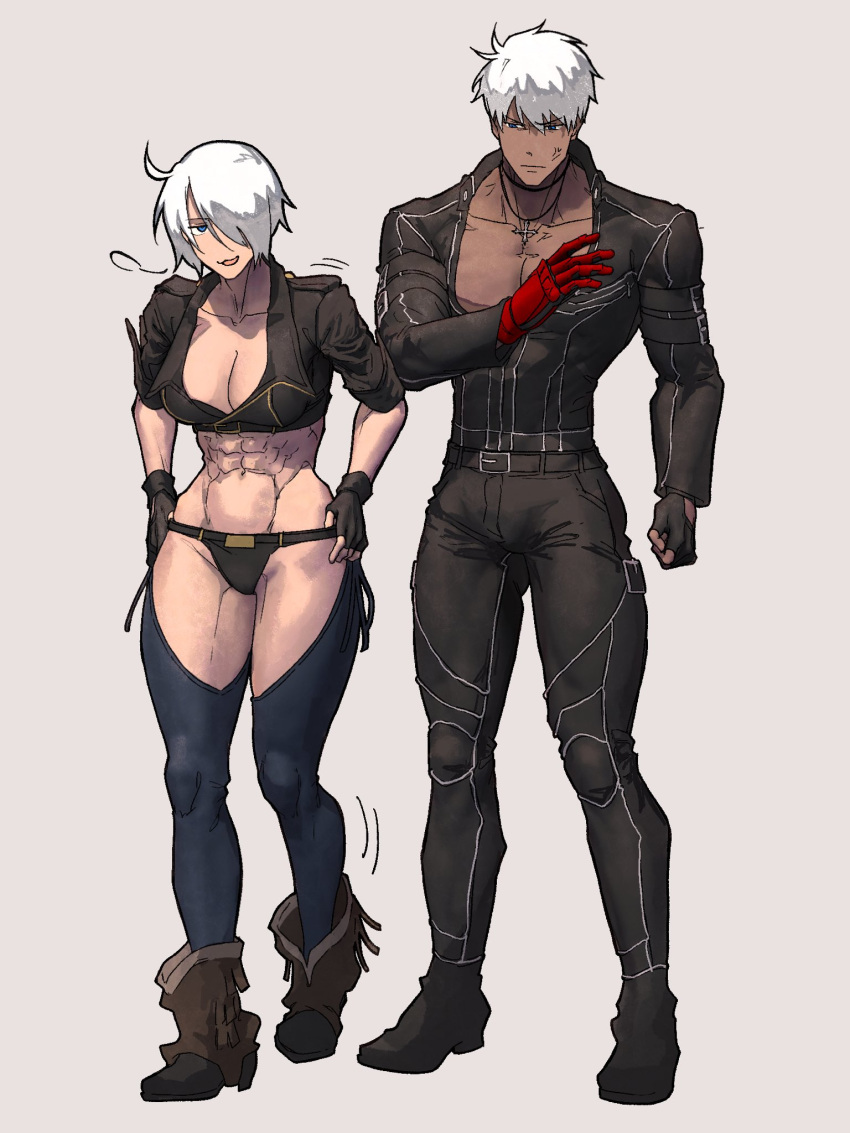 1boy 1girl abs angel_(kof) backless_pants belt blue_eyes boots bra breasts chaps cleavage closed_mouth cowboy_boots crop_top cropped_jacket cross cross_necklace dark_skin fingerless_gloves gloves hair_over_one_eye highres jacket jewelry k'_(kof) large_breasts leather leather_jacket leather_pants midriff navel necklace panties pants red_gloves short_hair simple_background smile snk standing strapless strapless_bra syachiiro the_king_of_fighters the_king_of_fighters_xiv toned underwear white_hair