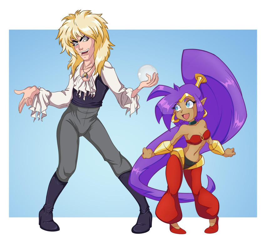 blonde_hair breasts clothing david_bowie duo ear_piercing ear_ring eye_contact female footwear genie hair hi_res holding_object human humanoid humanoid_pointy_ears long_hair looking_at_another male mammal not_furry open_mouth open_smile piercing ponytail purple_hair ring_piercing scottforester17 shantae shantae_(series) smile wayforward