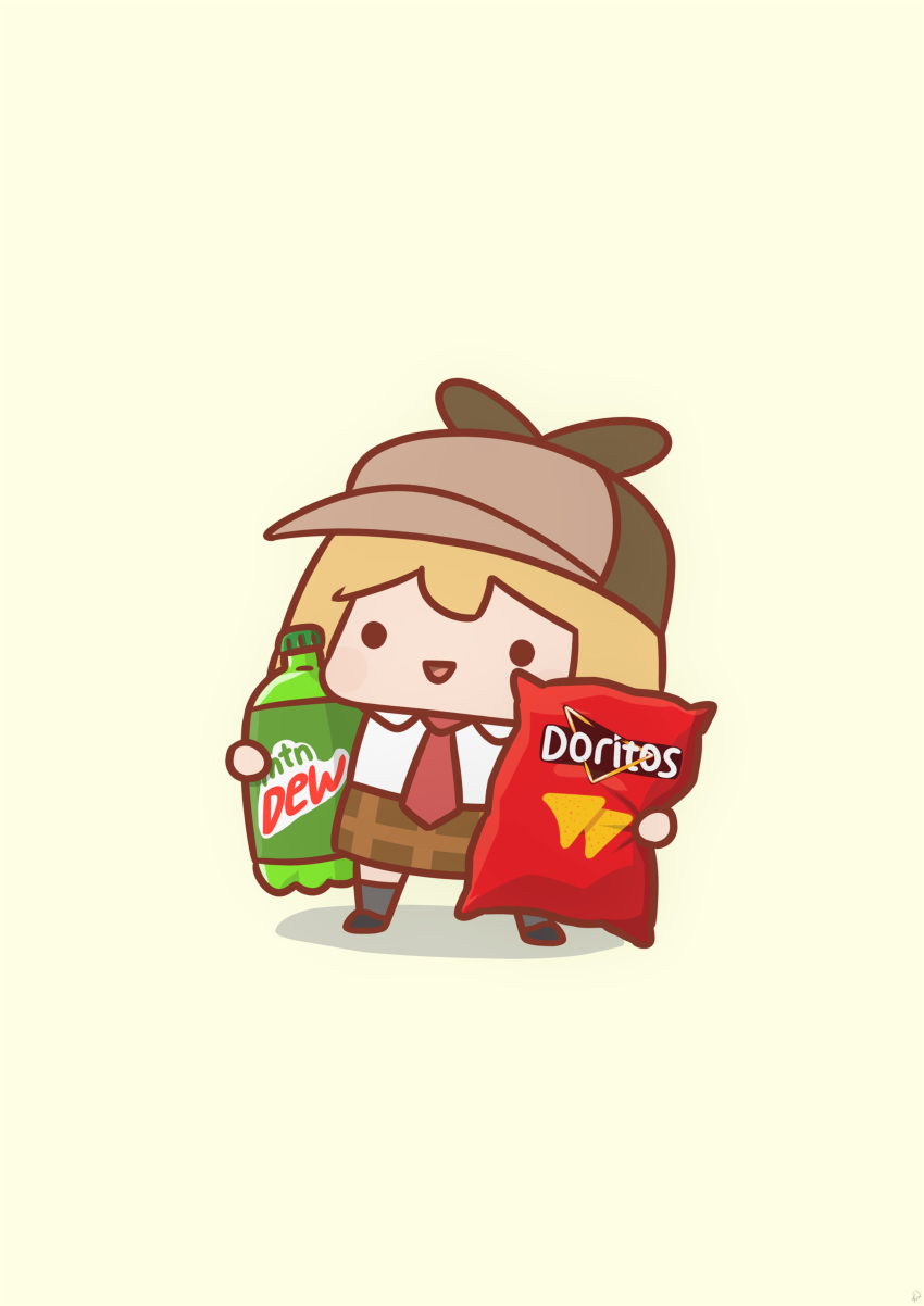 1girl :d absurdres bag bag_of_chips blonde_hair bottle brown_headwear brown_skirt chibi commentary deerstalker doritos food full_body grey_socks hat highres holding holding_bag holding_bottle holding_food hololive hololive_english mountain_dew necktie phdpigeon plaid plaid_skirt plastic_bottle red_necktie shirt simple_background skirt smile smol_ame socks solo symbol-only_commentary virtual_youtuber watson_amelia white_shirt yellow_background