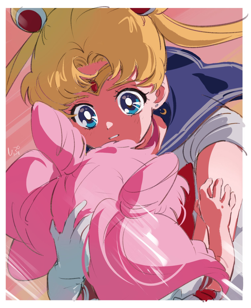 2girls bishoujo_senshi_sailor_moon blonde_hair blue_eyes blue_sailor_collar bow chibi_usa gloves highres hug magical_girl multiple_girls pink_hair red_bow sailor_collar sailor_moon shipu_(gassyumaron) teeth tsukino_usagi white_gloves