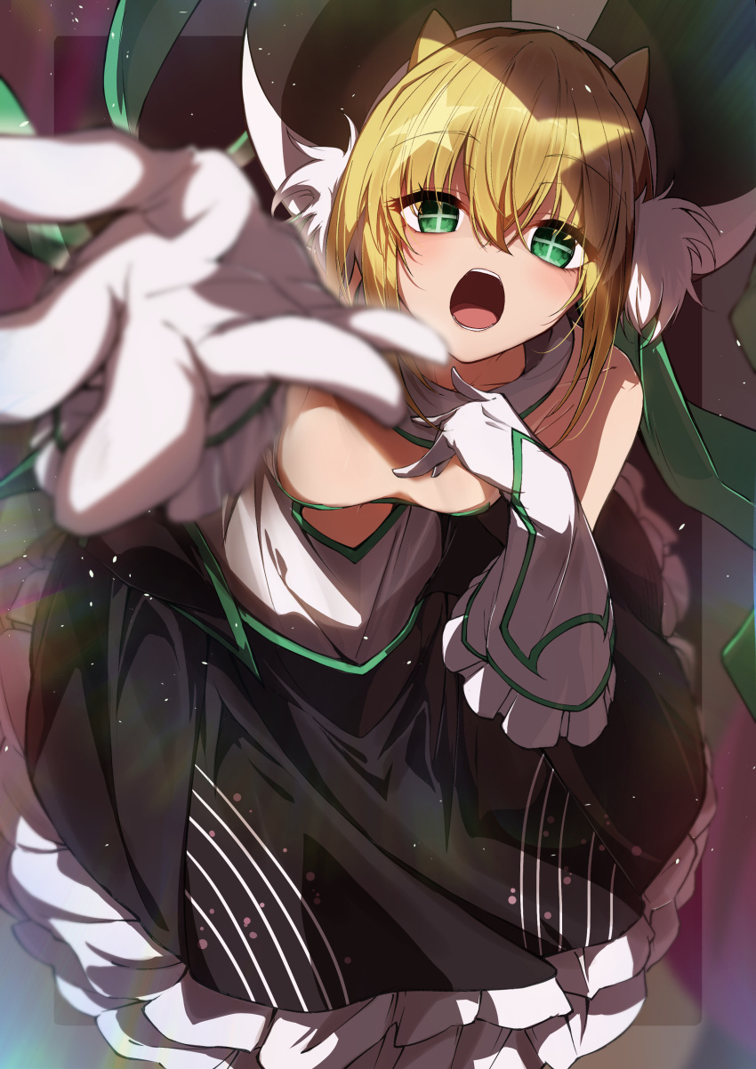 +_+ 1girl absurdres animal_ears bare_shoulders black_skirt blonde_hair blurry blush cat_ears commentary_request depth_of_field foreshortening frilled_skirt frills gloves green_eyes highres kootee-on looking_at_viewer music open_mouth reaching reaching_towards_viewer short_hair singing skirt solo sonar_clione teeth white_gloves yumekui_merry