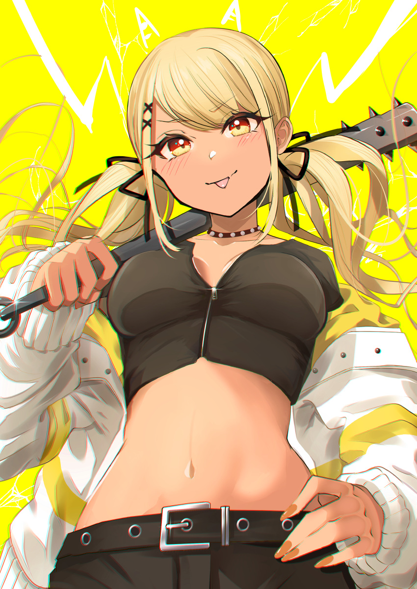 1girl :p absurdres belt black_belt black_pants black_ribbon blonde_hair breasts club_(weapon) collar dark-skinned_female dark_skin fake_horns fang foreshortening gyaru hair_ornament hair_ribbon hand_on_own_hip highres horns jacket kaminari_qpi kanabou kiiro_(cocoa080) lightning long_hair long_sleeves looking_at_viewer low_twintails medium_breasts navel off_shoulder open_clothes open_jacket orange_eyes orange_nails pants ribbon skin_fang smile solo spiked_club spiked_collar spikes stomach swept_bangs tongue tongue_out twintails virtual_youtuber vspo! weapon white_jacket x_hair_ornament yellow_background yellow_eyes zipper zipper_pull_tab