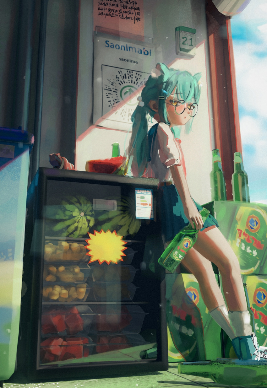 1girl absurdres alcohol animal_ear_fluff animal_ears aqua_hair aqua_skirt banana beer_bottle bottle calendar_(object) cat_ears cloud cloudy_sky cropped food fruit glasses highres holding holding_bottle hsch leaning_on_object long_hair looking_at_viewer low_ponytail melon melon_slice miniskirt original refrigerator round_eyewear shoes sidelocks skirt sky sneakers socks solo white_background white_socks yellow_eyes