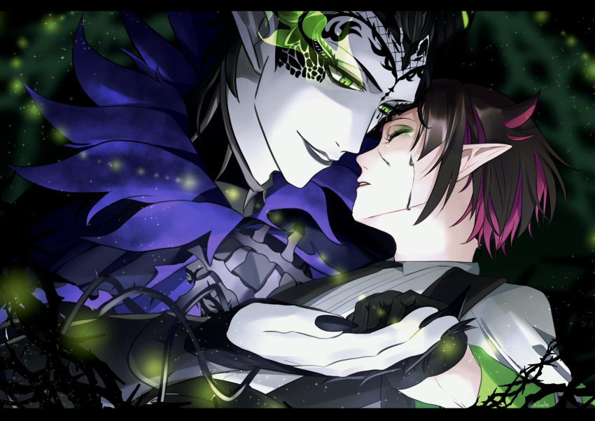 2boys black_eyeshadow black_gloves black_hair black_lips black_nails collared_shirt colored_skin crying eyeshadow facial_mark flaming_eye gloves green_eyes green_eyeshadow half_gloves highres holding_hands horns ink ink_on_face letterboxed light_particles lilia_vanrouge long_sleeves makeup malleus_draconia multicolored_hair multiple_boys overblot pale_skin parted_lips pointy_ears shirt short_hair slit_pupils smirk sparkle spoilers streaked_hair thorns twisted_wonderland white_shirt white_skin xxyoooyxx