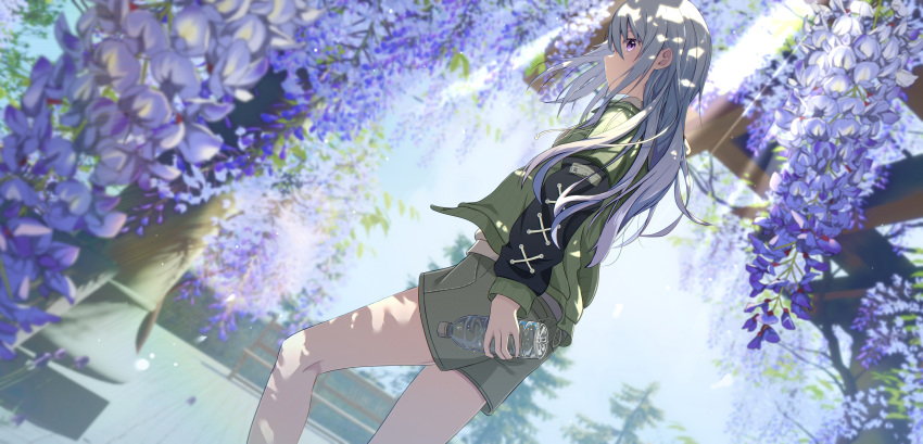 1girl absurdres blue_flower blurry blurry_foreground cac_itinose commentary_request depth_of_field feet_out_of_frame flower green_jacket grey_hair grey_shorts hair_between_eyes highres jacket layered_sleeves long_hair long_sleeves looking_at_viewer looking_to_the_side open_clothes open_jacket original profile purple_eyes revision short_over_long_sleeves short_shorts short_sleeves shorts solo standing very_long_hair wisteria