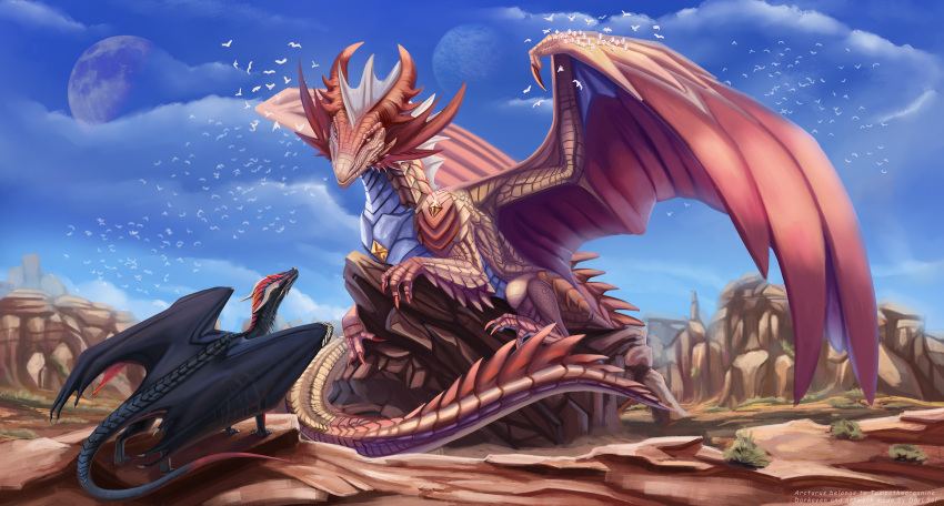 absurd_res arcturus_(tempothearcanine) bldarksoul darkayen_(darlsol) darlsol desert dragon duo female feral hi_res macro macromarch male male/female nature nature_background planet scalie scenery setting