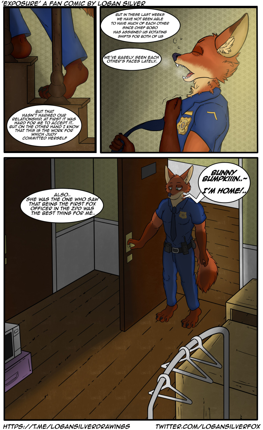 4_toes absurd_res anthro canid canine clothing comic disney feet fox fur hi_res inside logan_silver male male/male mammal nick_wilde paws police_uniform red_body red_fox red_fur simple_background solo speech_bubble standing text tired toes uniform zootopia