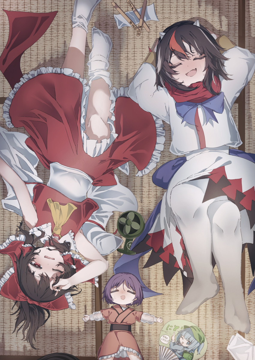 3girls absurdres ascot black_hair blush bow closed_eyes frilled_skirt frills hair_bow hakurei_reimu hand_fan hayuk0 highres horns japanese_clothes kawashiro_nitori kijin_seija kimono long_hair long_sleeves multicolored_hair multiple_girls nontraditional_miko obi one_eye_closed open_mouth paper_fan pink_kimono purple_hair red_bow red_eyes red_hair red_skirt sash shirt short_hair skirt socks streaked_hair sukuna_shinmyoumaru tatami touhou uchiwa white_hair white_shirt white_skirt white_socks yellow_ascot