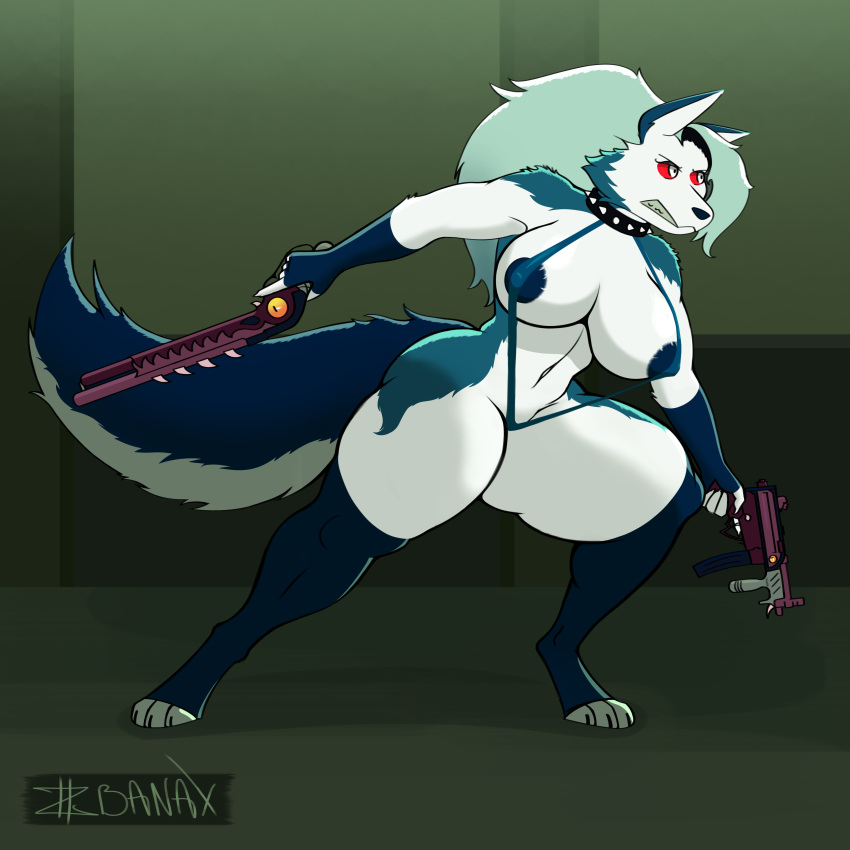 2022 absurd_res anthro arm_warmers armwear big_breasts bikini breasts canid canid_demon canine canis clothing collar curvy_figure demon female fluffy fluffy_tail fur gradient_background grey_hair gun hair hellhound helluva_boss hi_res holding_object legwear loona_(helluva_boss) mammal mp5k multicolored_body multicolored_fur nipples ranged_weapon red_sclera shotgun simple_background sling_bikini solo spiked_collar spikes swimwear tail thick_thighs thigh_highs two_tone_body two_tone_fur voluptuous weapon wolf ziibahnax