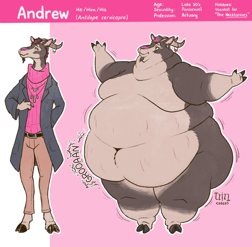 2023 andrew_(dragontzin) antelope anthro belly big_belly bovid digital_drawing_(artwork) digital_media_(artwork) dragontzin english_text fit_to_fat hi_res male mammal model_sheet morbidly_obese morbidly_obese_anthro morbidly_obese_male neck_rolls obese obese_anthro obese_male overweight overweight_anthro overweight_male pink_background rumbling_stomach signature simple_background solo stretch_marks text weight_gain wobbling