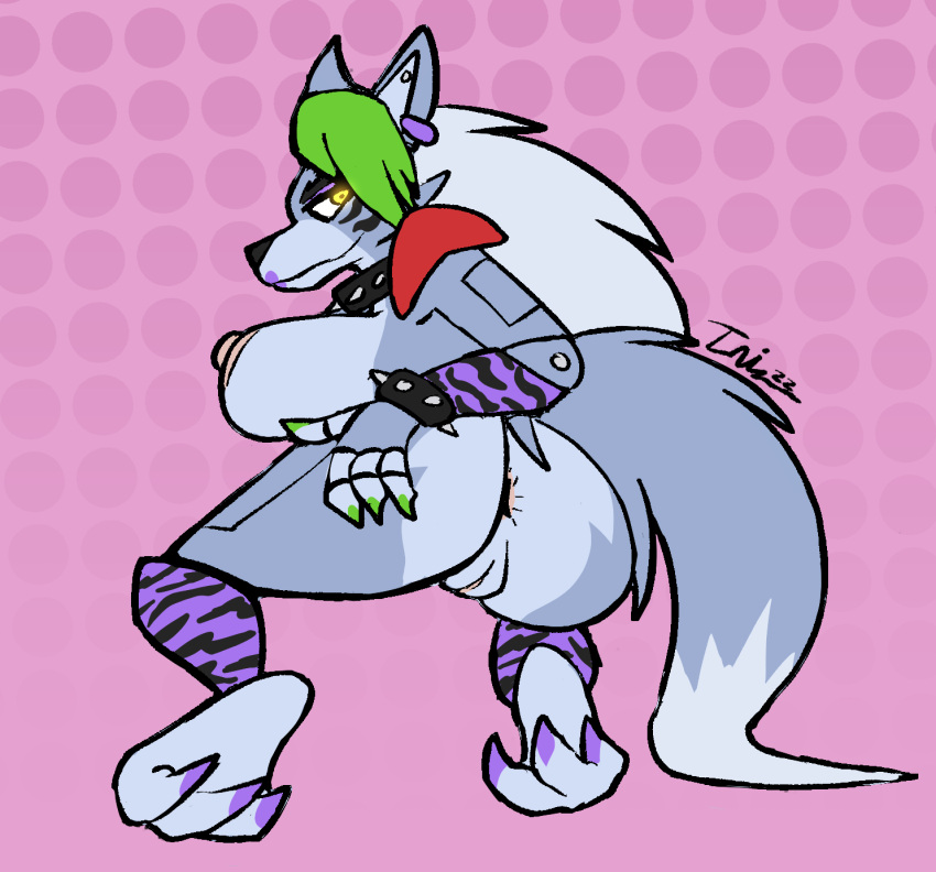 2022 3_toes 4_fingers animatronic anthro anus areola big_breasts big_butt black_eyebrows black_nose breasts butt canid canine canis claws clothed clothing collar colored_nails digital_drawing_(artwork) digital_media_(artwork) ear_piercing eyebrows feet female fingers five_nights_at_freddy's five_nights_at_freddy's:_security_breach fur genitals green_claws green_hair green_nails grey_body grey_fur hair hi_res humanoid_hands iniquity lips lipstick looking_at_viewer looking_back looking_back_at_viewer machine makeup mammal multicolored_body multicolored_fur multicolored_hair nails nipples partially_clothed piercing pink_anus pink_areola pink_background pink_nipples pink_pussy presenting presenting_hindquarters purple_claws purple_lips purple_lipstick purple_nails pussy robot roxanne_wolf_(fnaf) scottgames signature simple_background smile soles solo spiked_collar spikes steel_wool_studios toe_claws toes two_tone_body two_tone_fur two_tone_hair two_tone_tail white_body white_fur wolf yellow_eyes