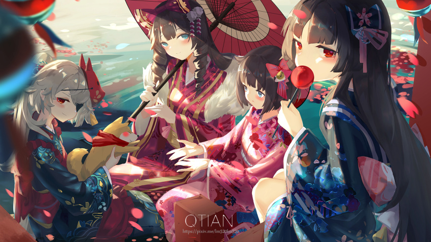 4girls animal artist_name bandana_around_neck black_hair blue_bow blue_eyes blue_kimono bob_cut bow brown_hair candy candy_apple commentary dog drill_hair eating eyepatch floral_print flower food fox_mask fur-trimmed_kimono fur_trim girls'_frontline hair_bow hair_flower hair_ornament highres holding holding_animal holding_candy holding_dog holding_food holding_umbrella howa_type_64_(girls'_frontline) japanese_clothes kimono light_smile long_hair looking_at_viewer mask mask_on_head multiple_girls obi official_art oil-paper_umbrella open_hands petals pink_kimono pixiv_id qtian red_bow red_eyes red_kimono river sash shiba_inu short_hair twin_drills type_100_(girls'_frontline) type_4_(girls'_frontline) type_62_(girls'_frontline) umbrella water white_hair
