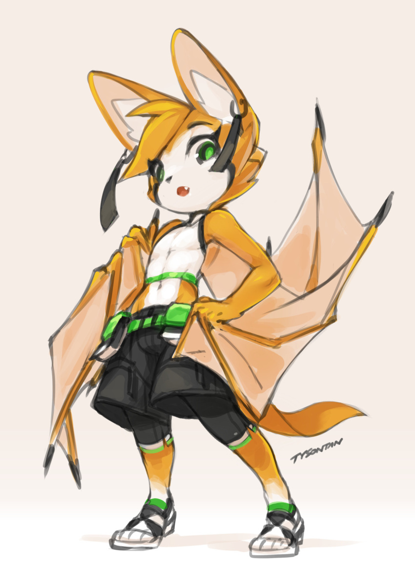 ammunition_pouch animal_ears artist_name bat_ears bat_wings black_claws breasts cargo_pants claws cleavage dust:_an_elysian_tail earrings facial_mark fang fangs fidget_(dust:_an_elysian_tail) flat_chest furry furry_female gradient_background green_eyes head_tilt highres hoop_earrings jewelry looking_at_viewer looking_down midriff navel orange_fur pants pouch shirt shoes short_hair signature simple_background sleeveless sleeveless_shirt sneakers tank_top tassel tyson_tan white_fur wings