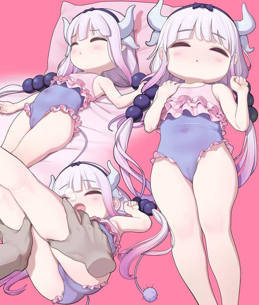 animal_humanoid bed blush borscht_(70112619) butt child digital_media_(artwork) dragon dragon_humanoid duo female furniture hair hi_res highlights_(coloring) horn horned_humanoid human humanoid kanna_kamui leg_grab lying male male/female mammal miss_kobayashi's_dragon_maid navel nose_bubble not_furry pillow pink_highlights raised_leg sleeping white_hair young