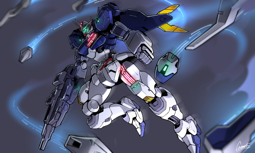 absurdres beam_rifle bit_(gundam) clenched_hand cosmo-5 energy_gun english_commentary exhaust flying glowing glowing_eyes green_eyes grey_background gun gundam gundam_aerial_rebuild gundam_suisei_no_majo highres holding holding_gun holding_weapon mecha mobile_suit no_humans robot signature solo thrusters v-fin weapon