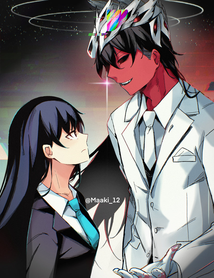 1boy 1girl absurdres artist_name beatrice_(blue_archive) black_hair blue_archive blue_necktie colored_skin female_sensei_(blue_archive) formal galaxy genderswap genderswap_(ftm) gloves highres long_hair looking_at_another maaki12 necktie red_skin suit twitter_username white_gloves white_necktie